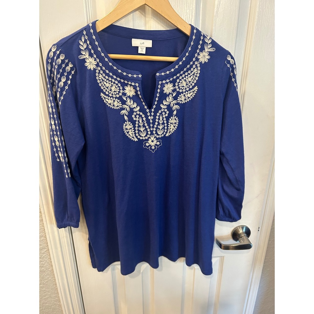 J. Jill Tunic Top Blue Embroidered Split Neck 3/4 Sleeve Boho Casual XS Petite